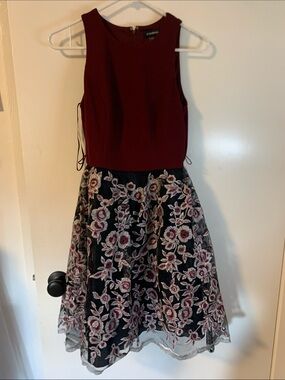 le chateau Burgundy and Black Floral A‑Line Dress